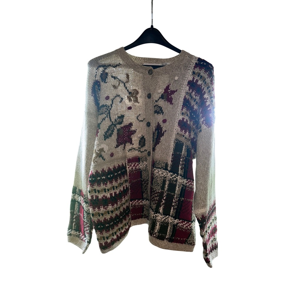 Robert Scott Ltd Hand Knitted Linen Cotton Floral Plaid Cardigan Sweater XL